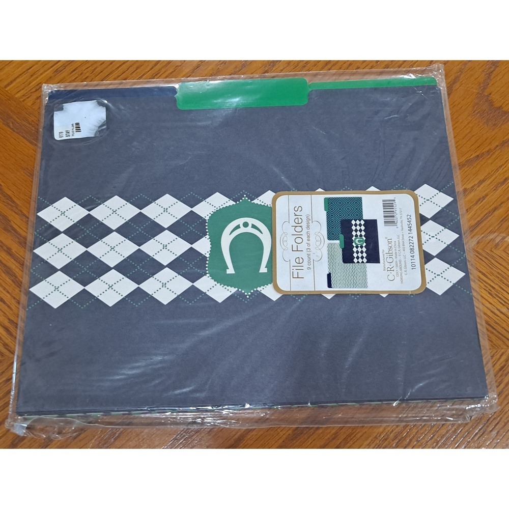 New C.R. Gibson File Folders Preppy Kelly Green Navy Argyle 9 Count 3 Designs